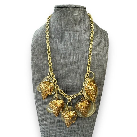 Gay Isber Brass Repousse Grape Cluster Lucite Medallion Necklace 19” Handcrafted - Picture 1 of 11